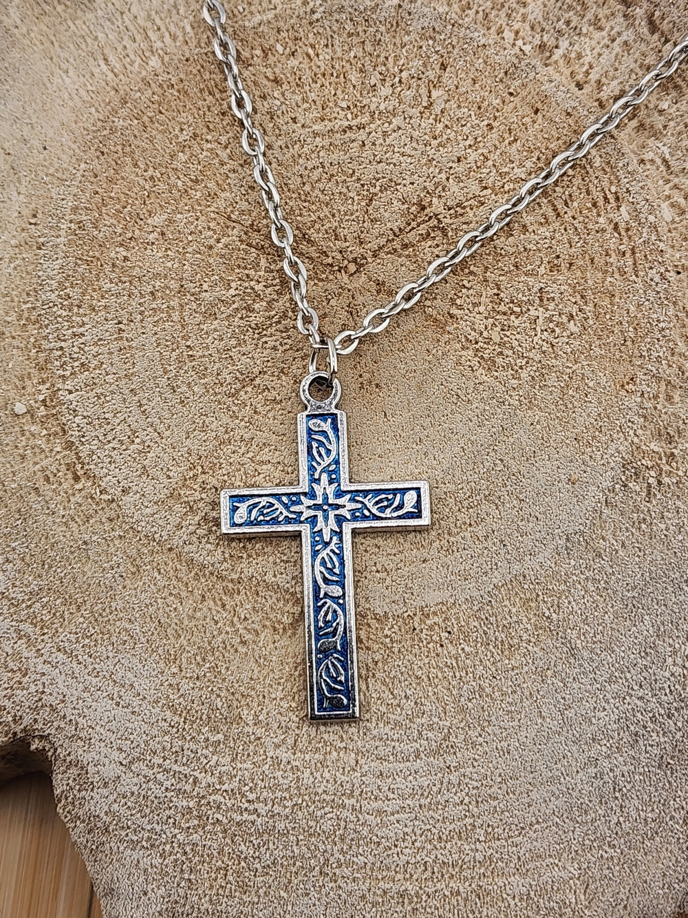 20in Silver Tone  Cross Pendant Necklace with Blue Enamel Inlay - 0544
